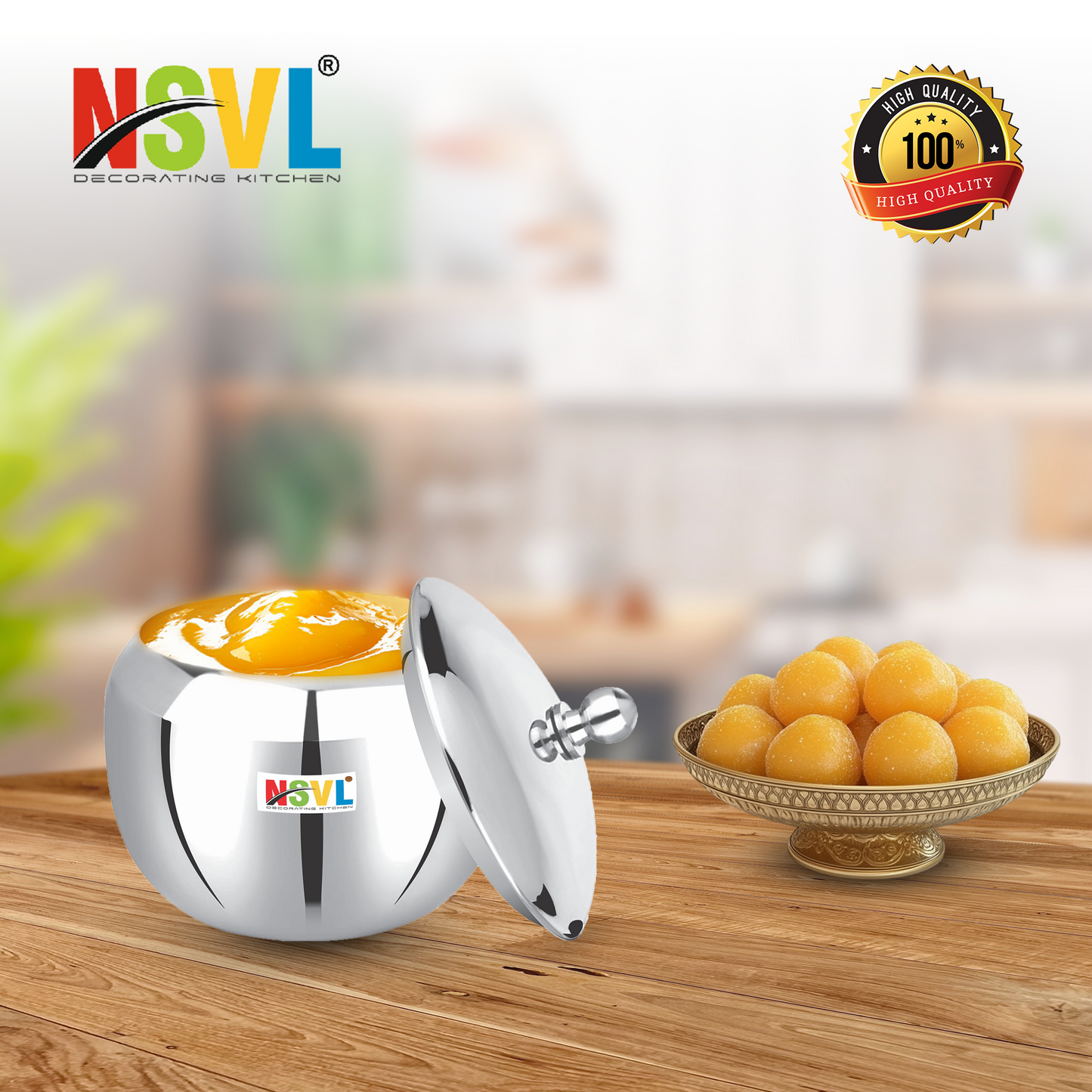 Nsvl Stainless Steel Multipurpose Ghee Pot/Pickle Container, 310 ml, With Spoon,(Orange Design)