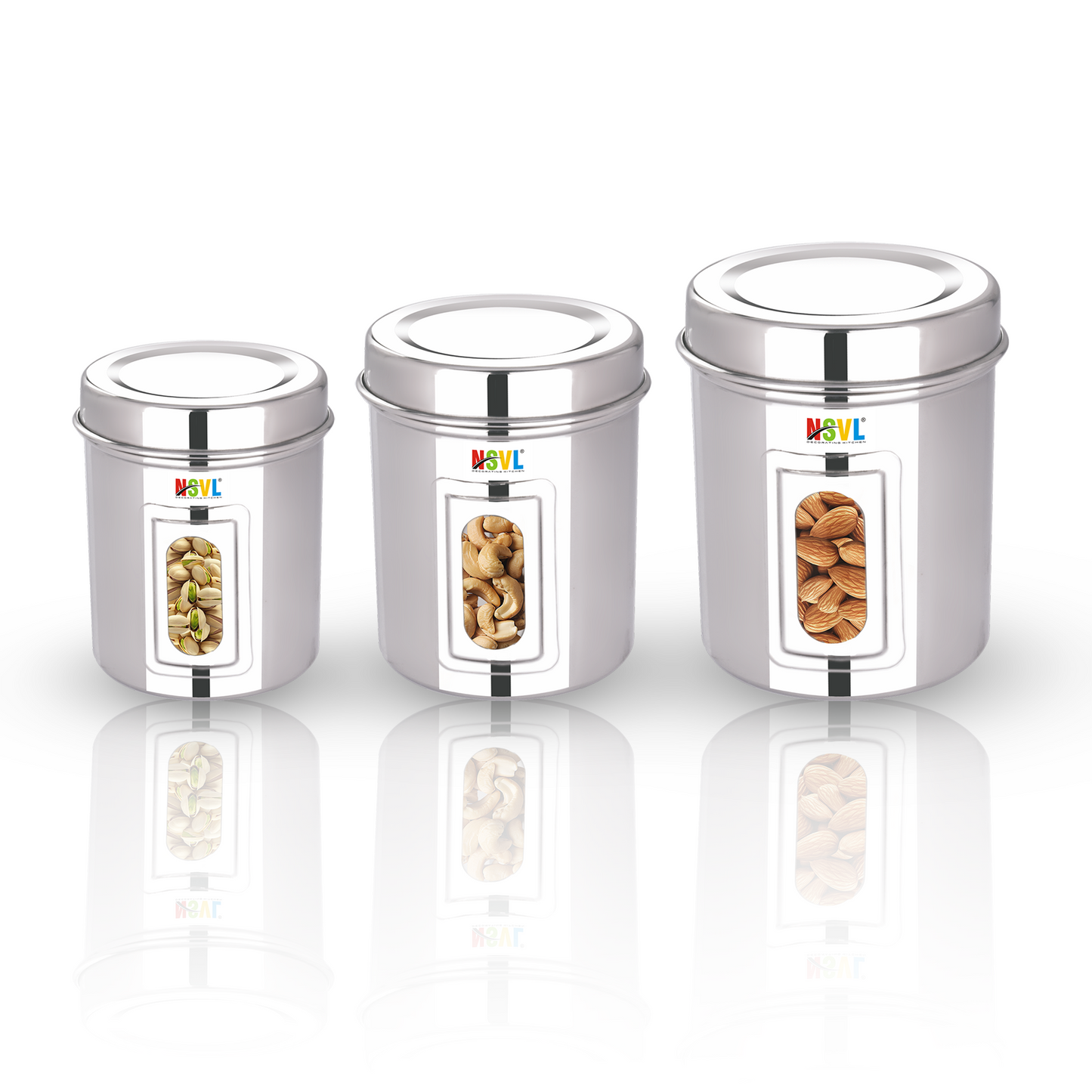 NSVL Stainless Steel Side See Through Dabba | 3 Size Of Dabba 500ml , 350ml , 200ml |Storage Container | Kitchen Container | Silver Colour Pack of 3