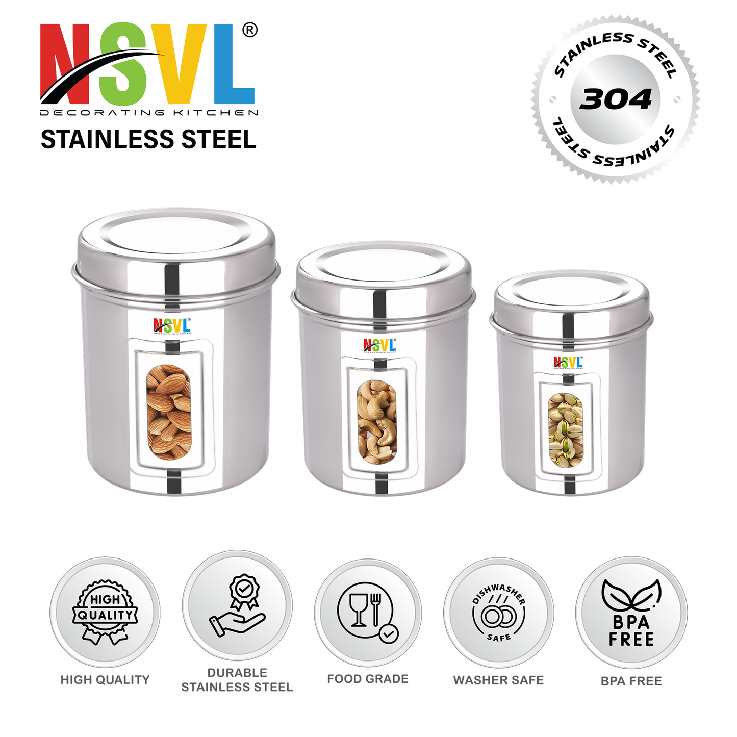 NSVL Stainless Steel Side See Through Dabba | 3 Size Of Dabba 500ml , 350ml , 200ml |Storage Container | Kitchen Container | Silver Colour Pack of 3