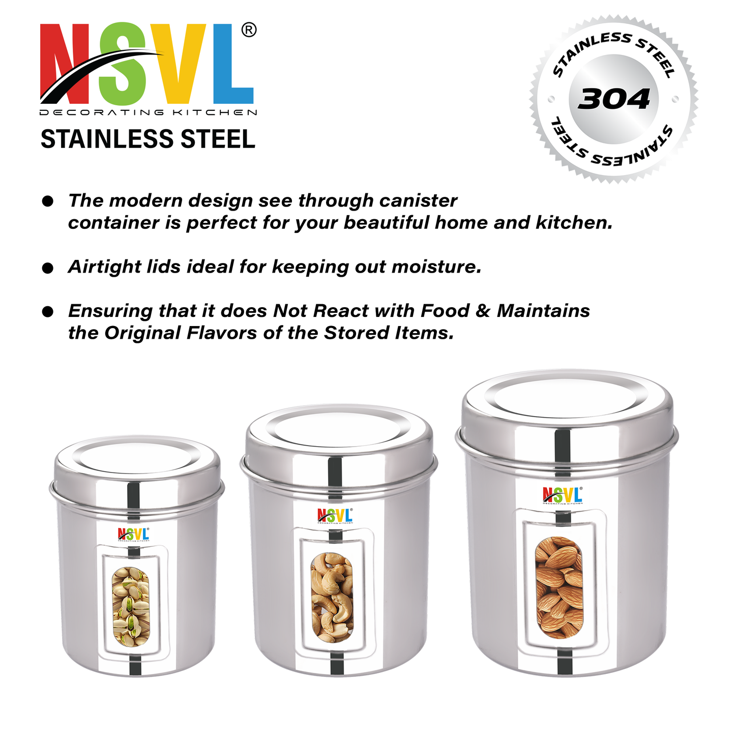 NSVL Stainless Steel Side See Through Dabba | 3 Size Of Dabba 500ml , 350ml , 200ml |Storage Container | Kitchen Container | Silver Colour Pack of 3