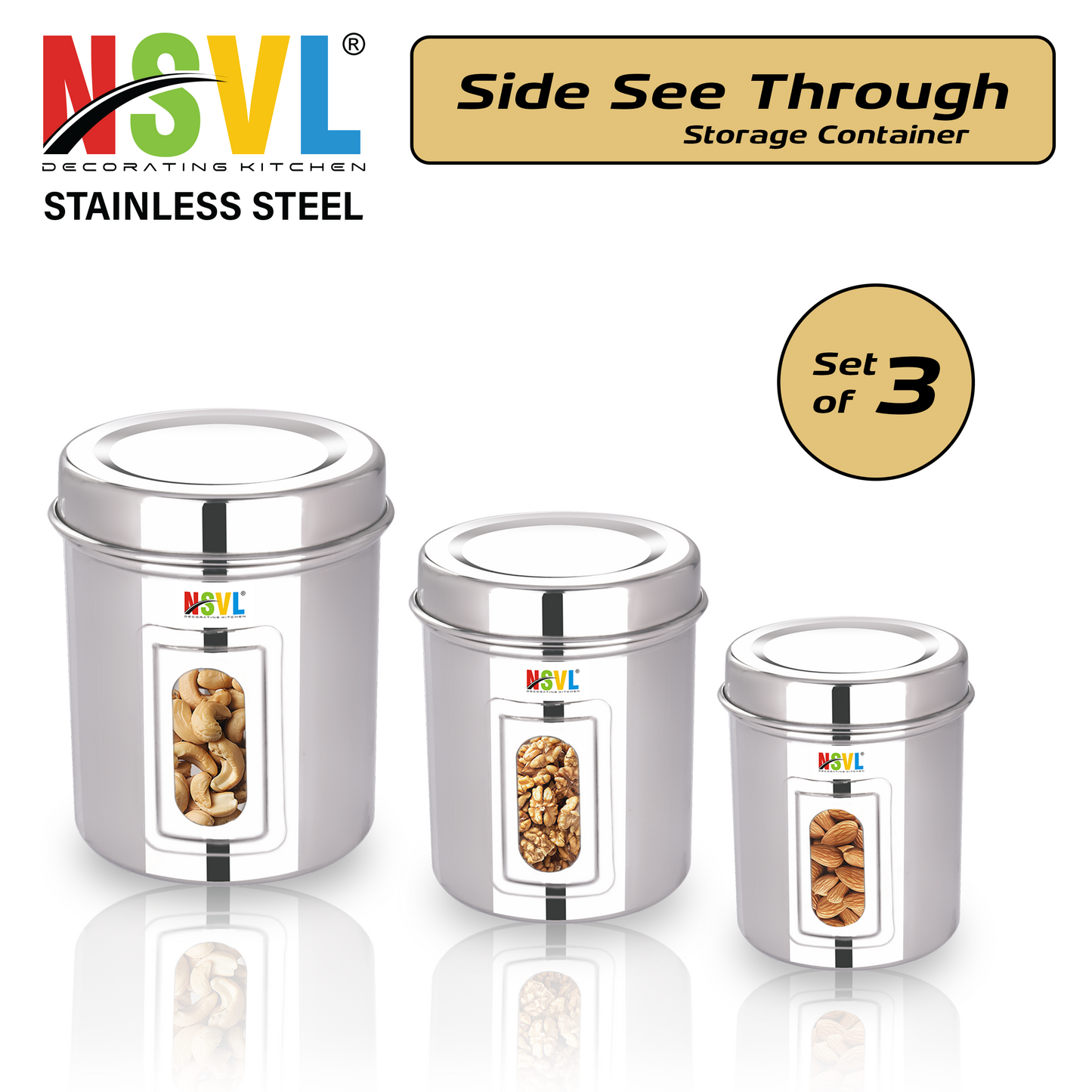 NSVL Stainless Steel See Through Dabba | 3 Size Of Dabba 1200ml , 800ml , 550 ml |Storage Container | Kitchen Container | Silver Colour Pack of 3