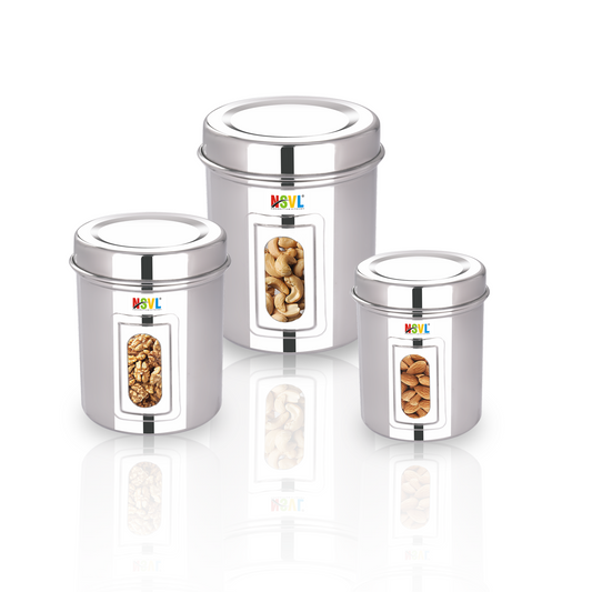 NSVL Stainless Steel See Through Dabba | 3 Size Of Dabba 1200ml , 800ml , 550 ml |Storage Container | Kitchen Container | Silver Colour Pack of 3