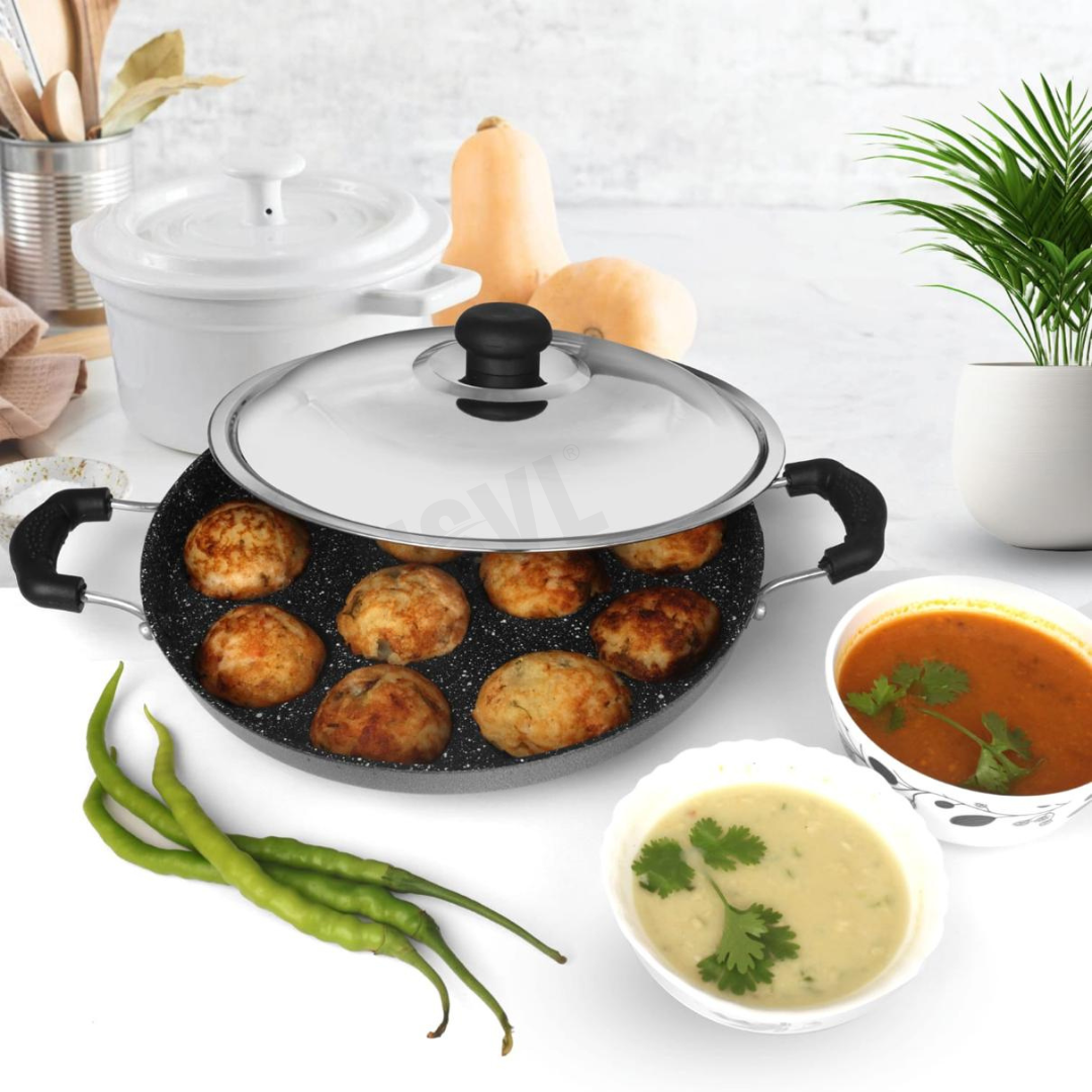 NSVL Heavy-BASE Non-Stick 12 Cavity Appam Patra with Lid | Appam Maker | Appam Patra | Appam pan | Litti Maker | Appe Stand