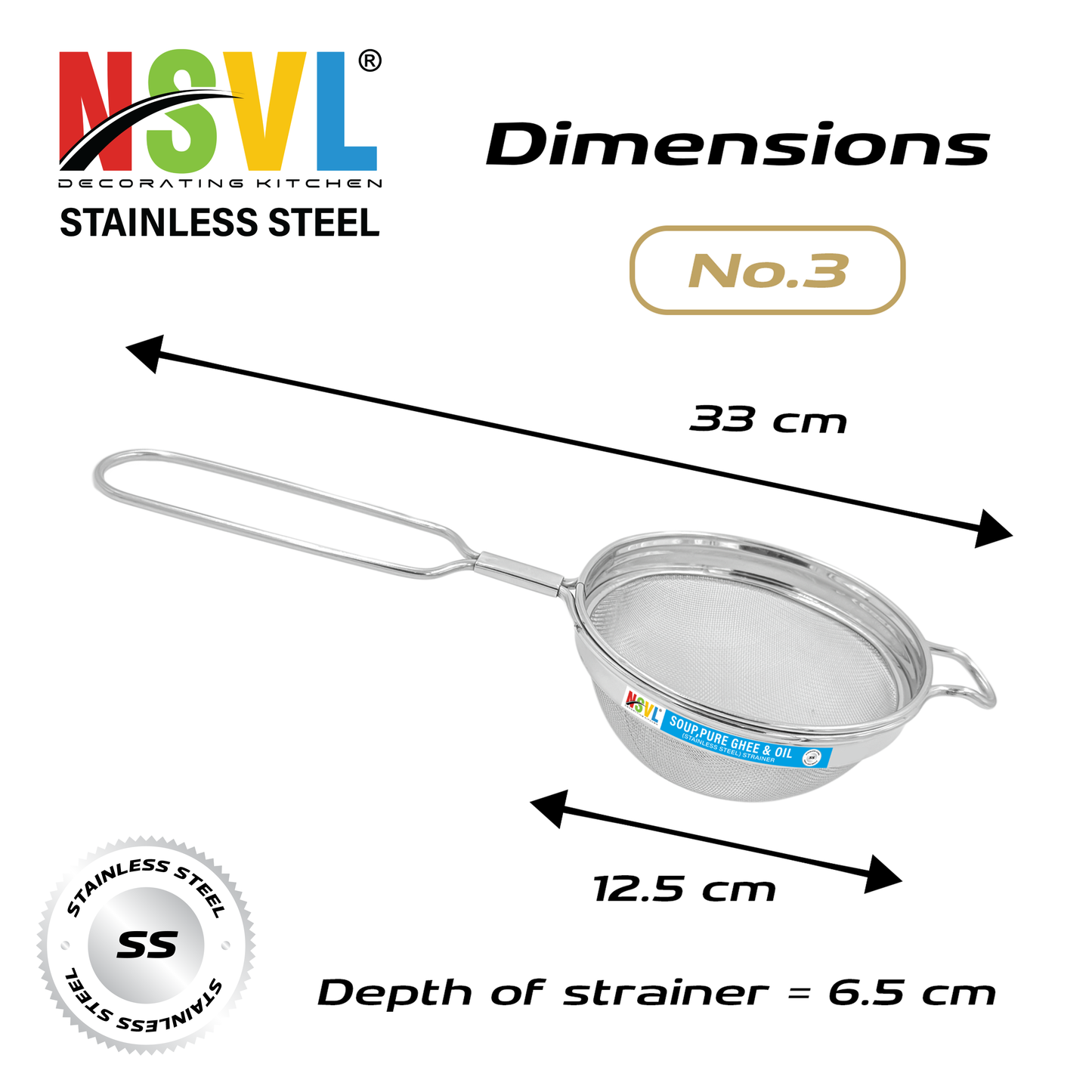 NSVL Stainless Steel Oil & Ghee Strainer/Liquid Filter for Kitchen Use, Large Oil Chalni with Handle, Rice & Juice Use