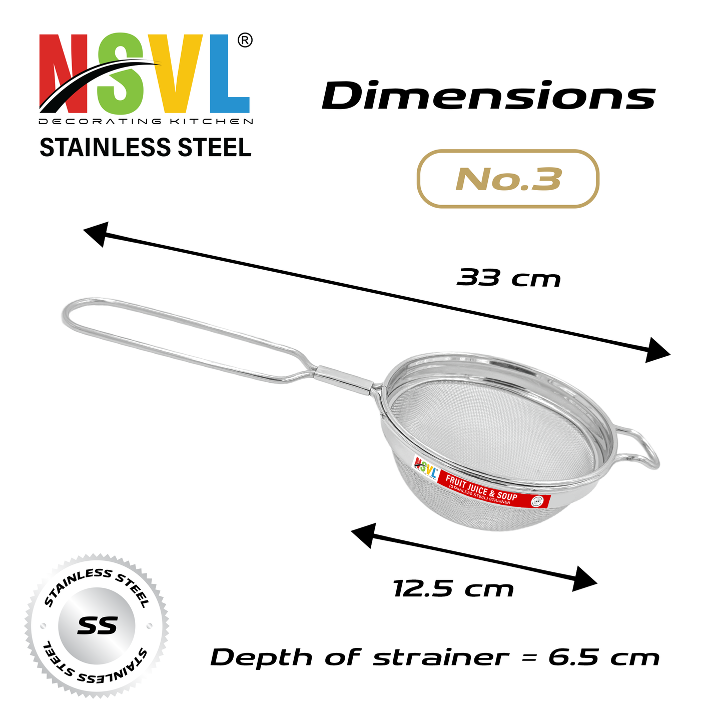 NSVL Stainless Steel Soup & Juice Strainer/Liquid Filter for Kitchen Use, Large Soup Chalni with Handle, Rice & Juice Use