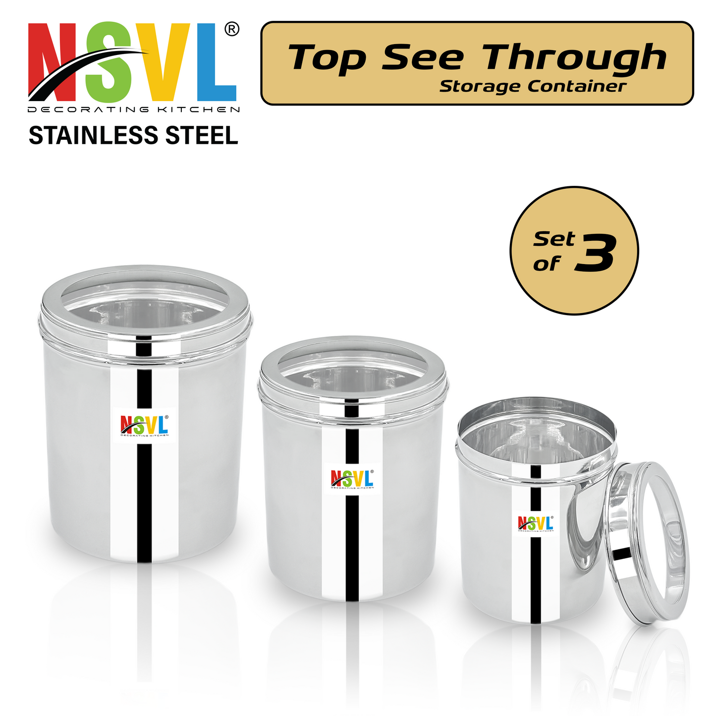 NSVL Stainless Steel See Through Dabba | 3 Size Of Dabba 1200ml , 800ml , 550 ml |Storage Container | Kitchen Container | Silver Colour Pack of 3