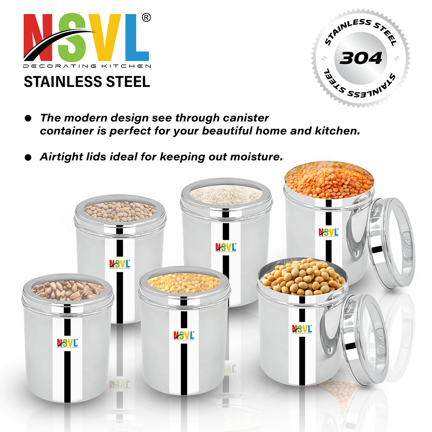 NSVL Stainless Steel Top See Through Containers for Kitchen | Mirror Polished Stainless Steel Containers With Lid and Transparent Window | Multipurpose Dabba Set for Kitchen | Pack of 6