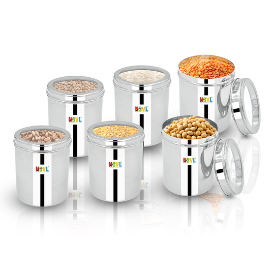 NSVL Stainless Steel Top See Through Containers for Kitchen | Mirror Polished Stainless Steel Containers With Lid and Transparent Window | Multipurpose Dabba Set for Kitchen | Pack of 6
