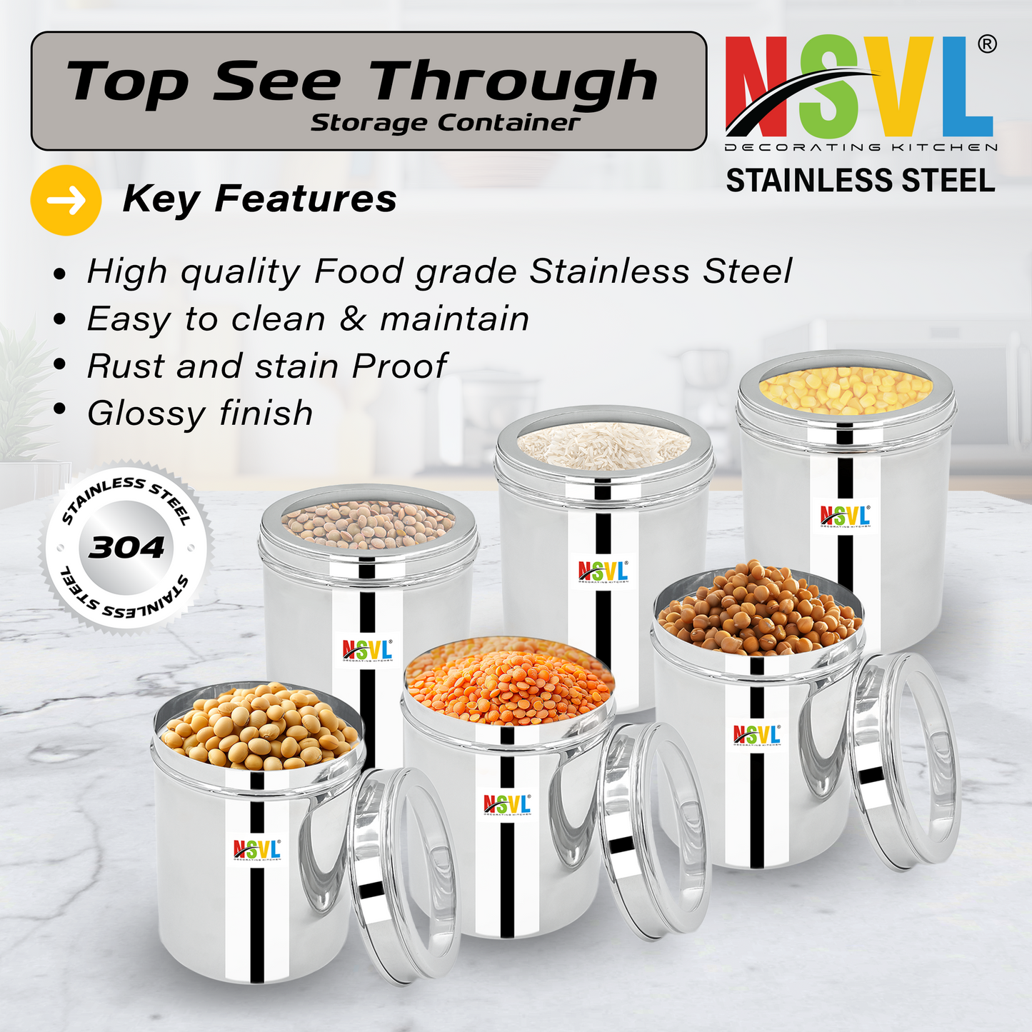 NSVL Stainless Steel Top See Through Containers for Kitchen | Mirror Polished Stainless Steel Containers With Lid and Transparent Window | Multipurpose Dabba Set for Kitchen | Pack of 6
