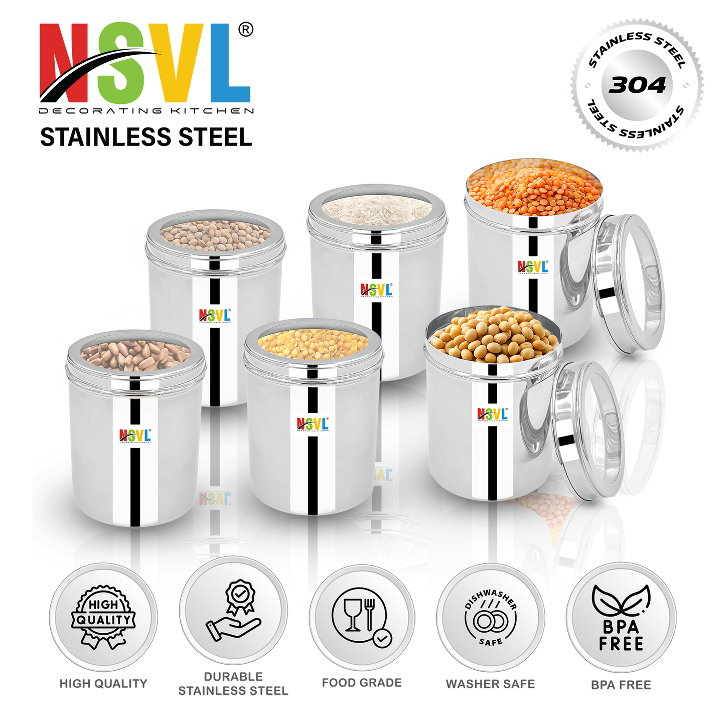 NSVL Stainless Steel Top See Through Containers for Kitchen | Mirror Polished Stainless Steel Containers With Lid and Transparent Window | Multipurpose Dabba Set for Kitchen | Pack of 6