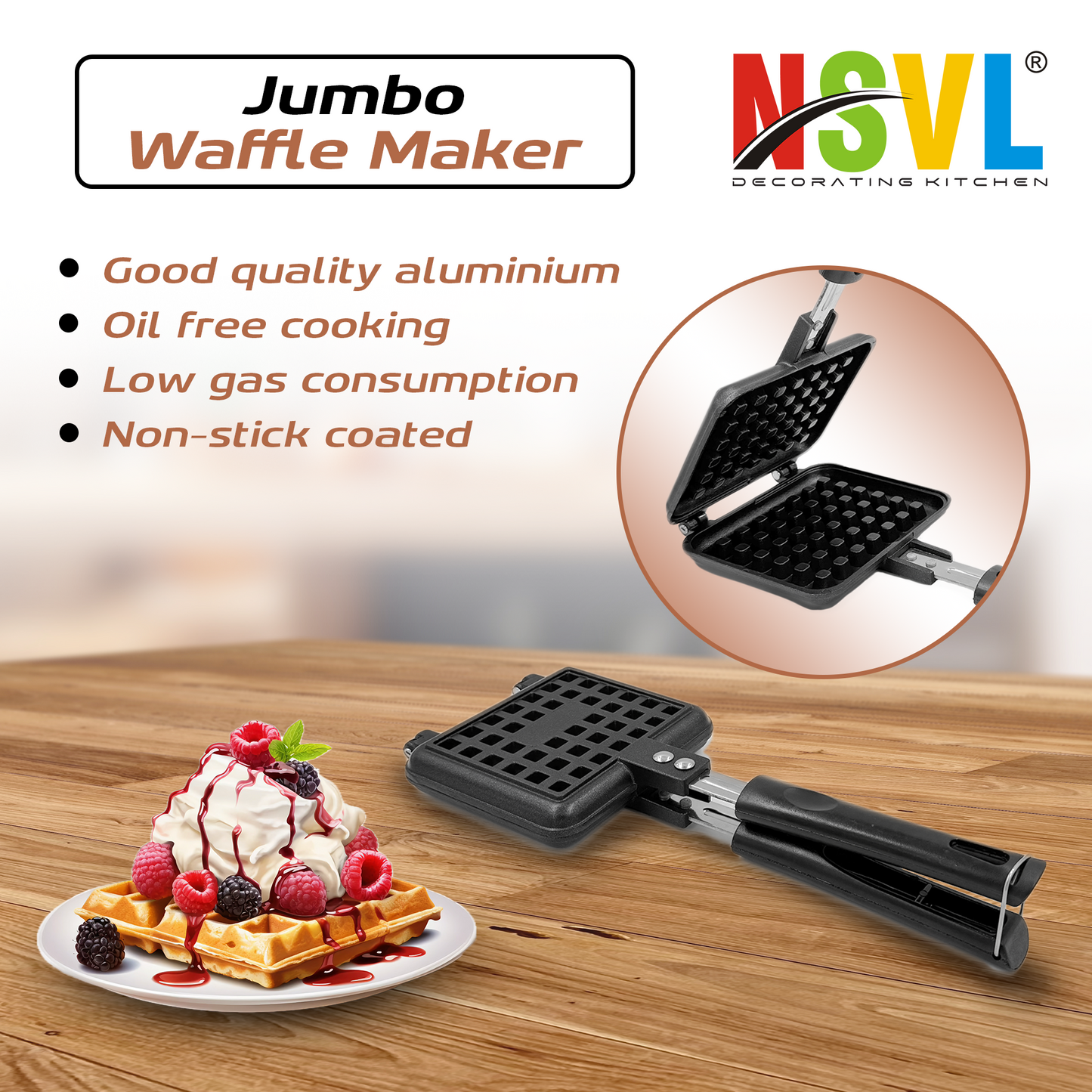 NSVL Die Cast Aluminium Non Stick Waffle Maker | Waffle Pan Cake Maker Machine |Gas Base | 3 Layer Coating | Scratch Proof