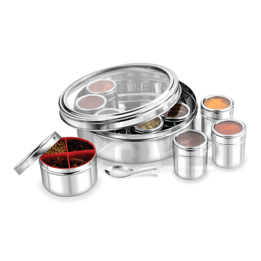 Nsvl Stainless Steel 12 IN 1 Masala Box for Kitchen | Masala Container | Spice Box for Kitchen | Masala Dabba/Masala Spice Box with See through lid 4 Spoons | Silver (2.5 Ltr / 22.5cm)