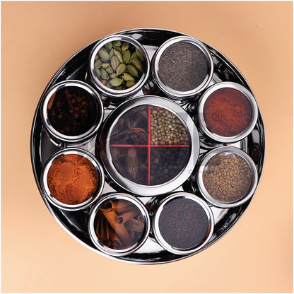 Nsvl Stainless Steel 12 IN 1 Masala Box for Kitchen | Masala Container | Spice Box for Kitchen | Masala Dabba/Masala Spice Box with See through lid 4 Spoons | Silver (2.5 Ltr / 22.5cm)