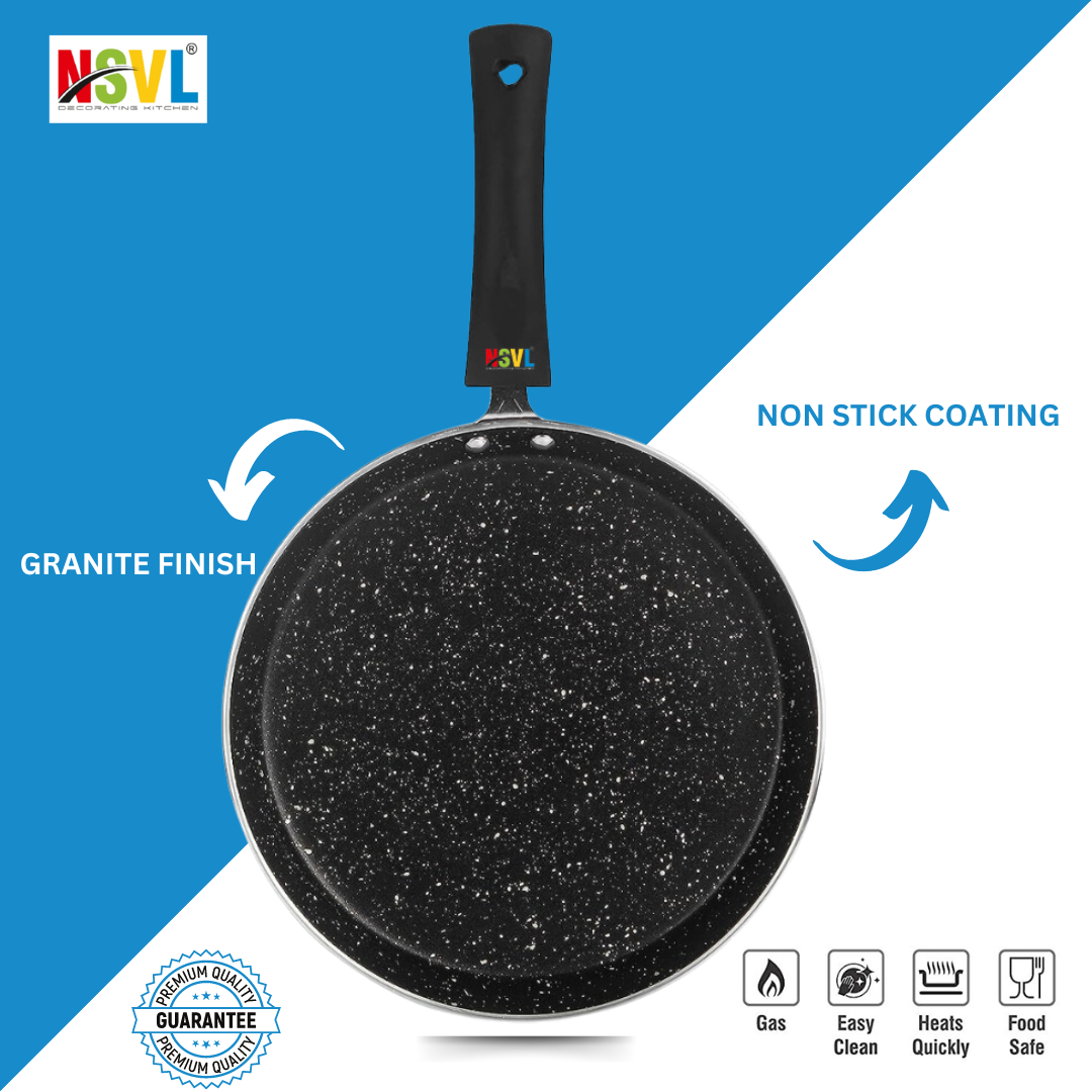 Nsvl Aluminium Non-Stick Black Splatter Dosa Tawa with Handle| Granite Finish | Pfoa Free | 2.4 mm 26 Cm