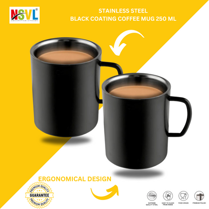 NSVL Black Coated Premium Double Wall Coffee Mug, Set of 2 | Tea Cup with Handle and Flat Base