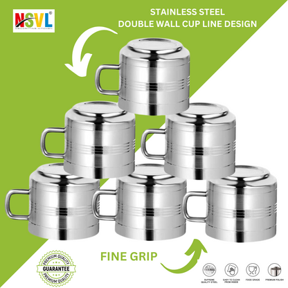 Nsvl 100% Stainless Steel Tea Cups Set of 6 Pcs | Double Wall Tea & Coffee Cups | Mirror Finish Cups | Line Design, Break Resistant