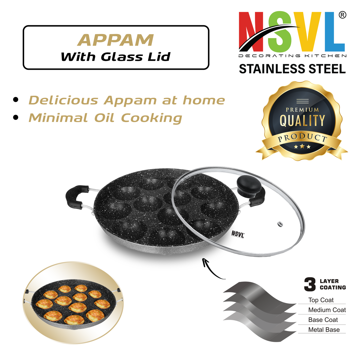 NSVL Heavy-BASE Non-Stick 12 Cavity Appam Patra with Lid | Appam Maker | Appam Patra | Appam pan | Litti Maker | Appe Stand