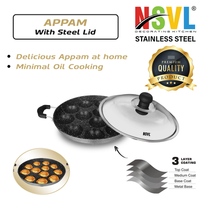 NSVL Heavy-BASE Non-Stick 12 Cavity Appam Patra with Lid | Appam Maker | Appam Patra | Appam pan | Litti Maker | Appe Stand