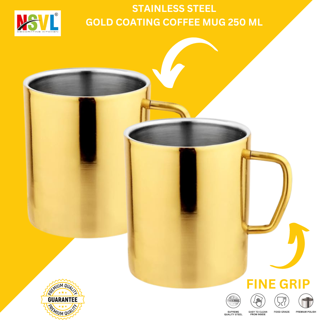 NSVL Gold Plated Premium Double Wall Coffee Mug, Set of 2 | Tea Cup with Handle and Flat Base