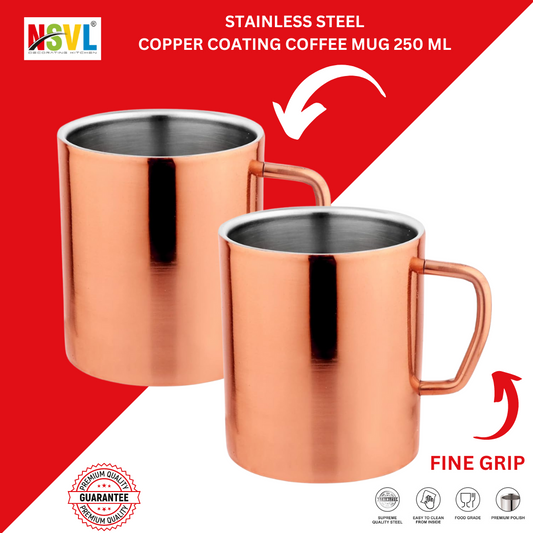 NSVL Copper Plated Premium Double Wall Coffee Mug, Set of 2 | Tea Cup with Handle and Flat Base