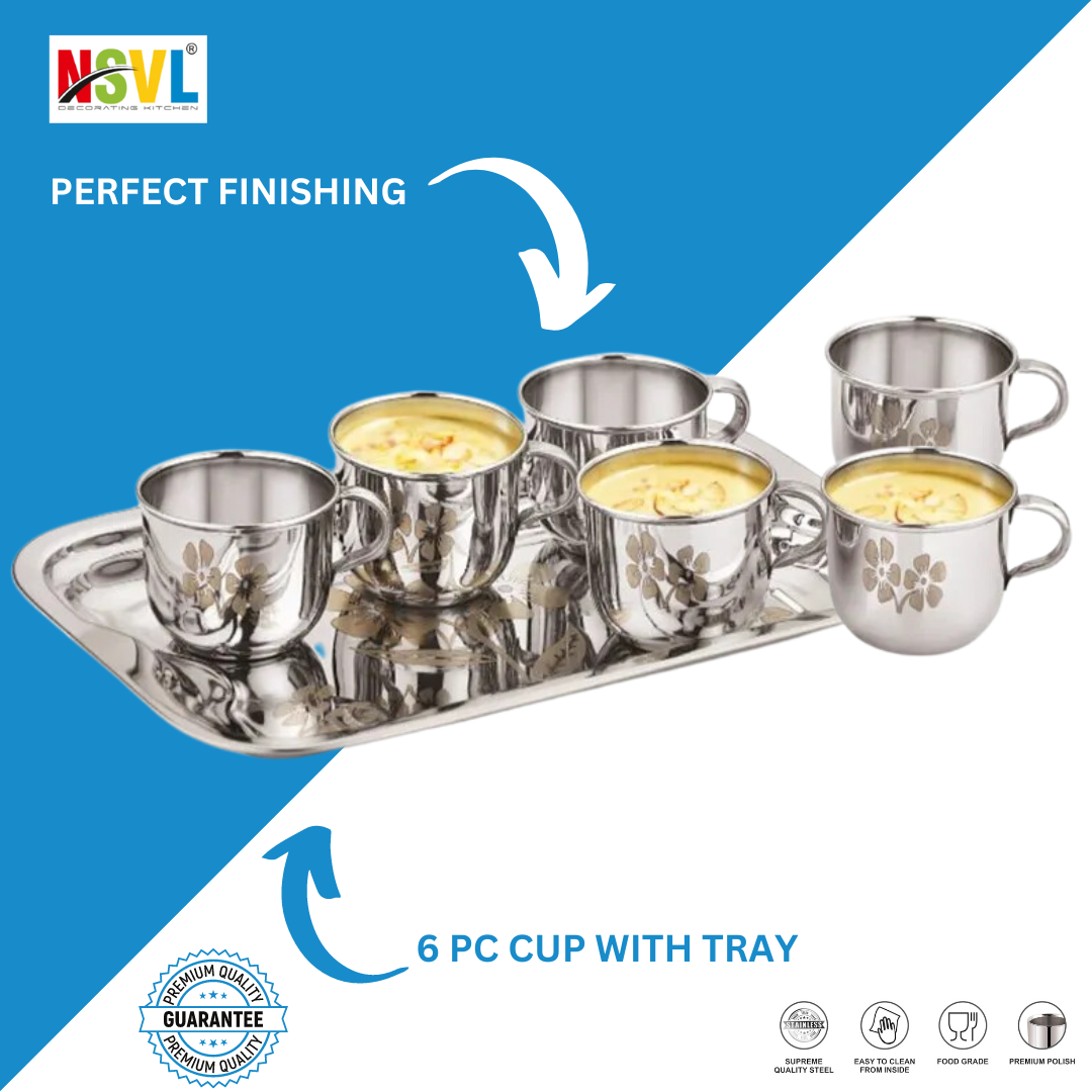 Pack of 7 Stainless Steel Stainless Steel Tea & Coffee Set (6 PCs Cups with Tray) 130ml  (Silver)