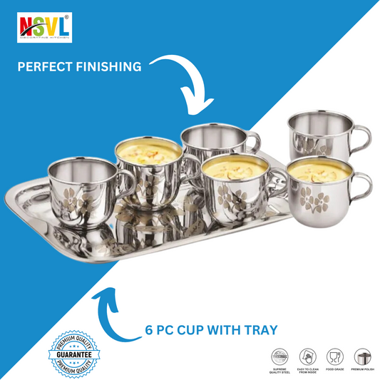 Pack of 7 Stainless Steel Stainless Steel Tea & Coffee Set (6 PCs Cups with Tray) 130ml  (Silver)