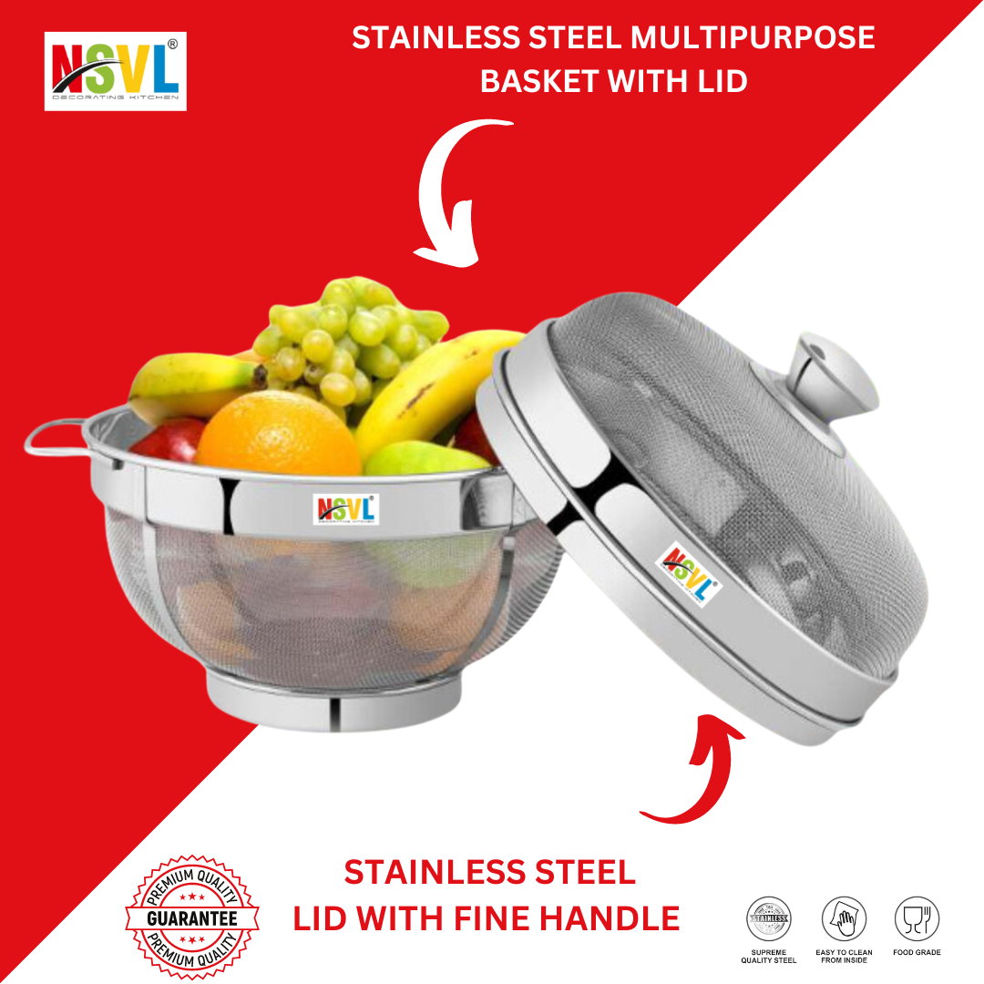 Nsvl Stainless Steel Fruit & Vegetable Basket With Lid - 12 Inch Large 10 kilogram Muiltbasket No 9