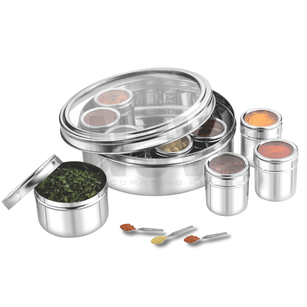 NSVL 9 In 1 Stainless Steel Masala Box For Kitchen | Spice Box | Masala Container | Masala Dani With Individual See Through Lid 2.5 Ltr