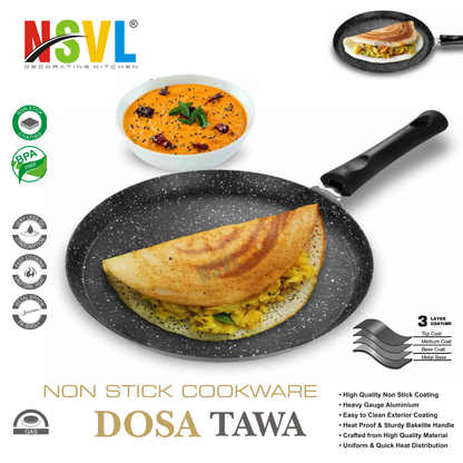 NSVL Aluminium Non-Stick Dosa Tawa with Handle| Granite Finish | Pfoa Free | High Temperature Resistant Exterior Coating | 25 Cm | Black