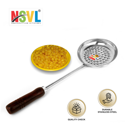 Nsvl Boondi Maker Stainless Steel | Multipurpose Boondi Jhara for Boondi Raita and Boondi Laddu Sweets with Wooden Handle for Firm Grip, Silver (Exclusive Black Handle)