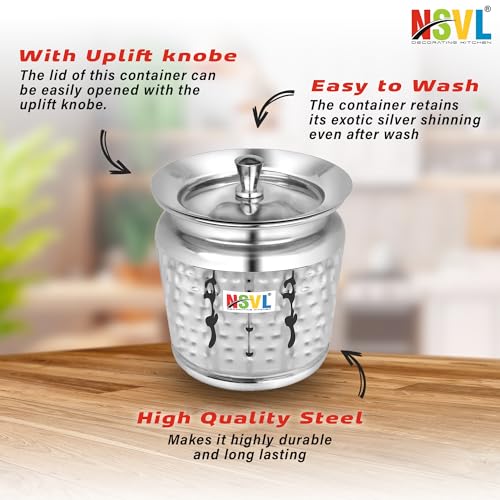 Nsvl Stainless Steel Multipurpose Ghee Pot/Pickle Container, 310 ml, With Spoon, (Hammered Design)