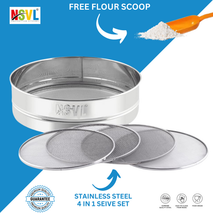 Nsvl Stainless Steel 4 in 1 Interchangeable Sieve/Chalni 1 Unit | Set of 5 | Silver | Gehu/Flour/Atta/Maida Chalni/Spices/Food Strainers