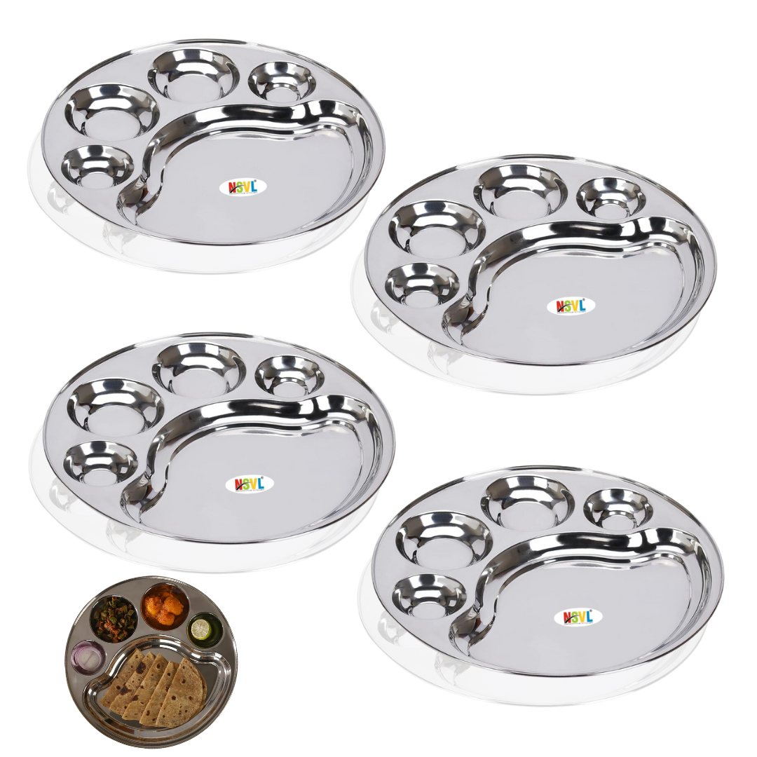 Nsvl Stainless Steel Round 5 Compartment Lunch/Dinner Plates, 31cm Diameter, Compartment Tray/Deep katori Devided Bhojan Thali/Lunch/5 Partition Dinner Plate