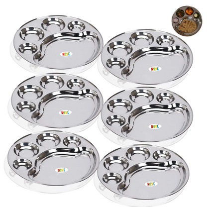 Nsvl Stainless Steel Round 5 Compartment Lunch/Dinner Plates, 31cm Diameter, Compartment Tray/Deep katori Devided Bhojan Thali/Lunch/5 Partition Dinner Plate