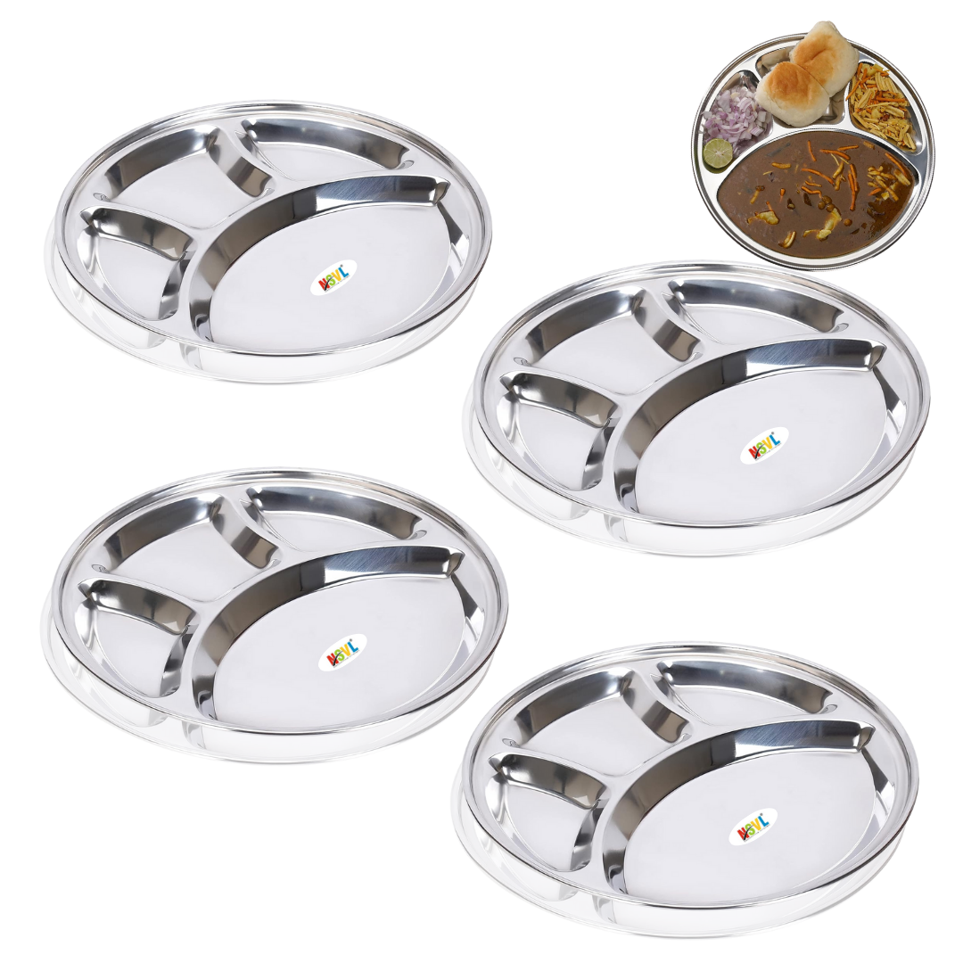 Nsvl Stainless Steel Round Lunch Dinner Plate Bhojan Thali 4 in 1 Compartments Dinner Set Round Plate, Thali, Mess Tray, Dinner Plate, Steel Plate with partition