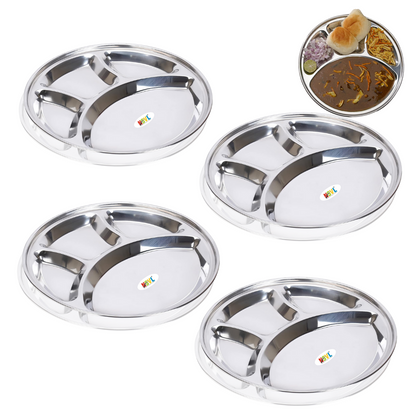 Nsvl Stainless Steel Round Lunch Dinner Plate Bhojan Thali 4 in 1 Compartments Dinner Set Round Plate, Thali, Mess Tray, Dinner Plate, Steel Plate with partition