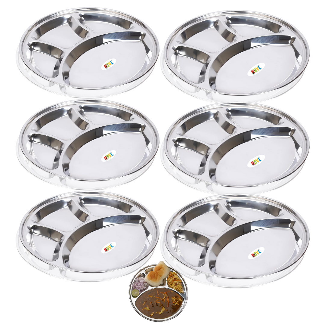 Nsvl Stainless Steel Round Lunch Dinner Plate Bhojan Thali 4 in 1 Compartments Dinner Set Round Plate, Thali, Mess Tray, Dinner Plate, Steel Plate with partition