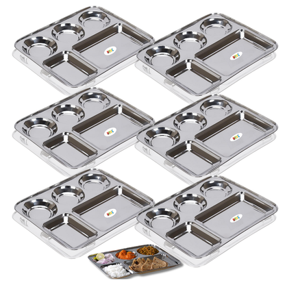 Nsvl Stainless Steel Rectangular 5-in-1 Compartment Lunch/Dinner Plate, 33.5cm Diameter, Silver 304 Grade Steel Highly Durable & Unbreakable for Kids & Adults - Ideal for Serving, Mess Tray