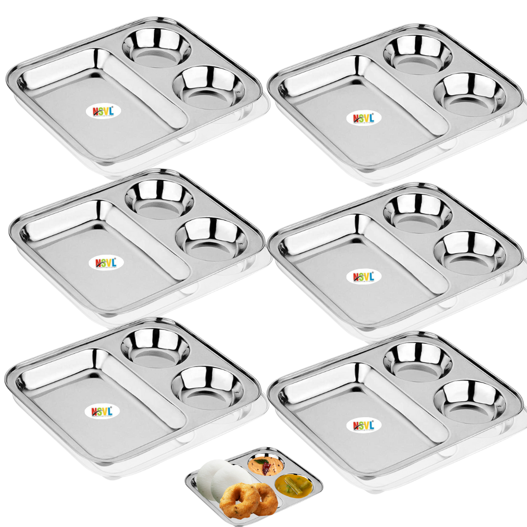 Nsvl Stainless Steel Partition Plate, Mendu Vada Plate,Bhojan Thali, Snacks Plate, Dinner Plate