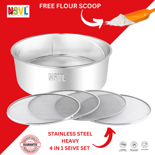 NSVL 4 in 1 Stainless Steel Interchangeable Sieve Set of 5 Flour Chalni Spices Food Strainers Atta Chalni  Atta Maida Strainer