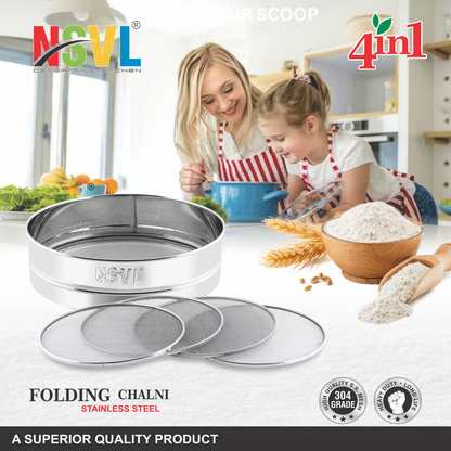 Nsvl Stainless Steel 4 in 1 Interchangeable Sieve/Chalni 1 Unit | Set of 5 | Silver | Gehu/Flour/Atta/Maida Chalni/Spices/Food Strainers