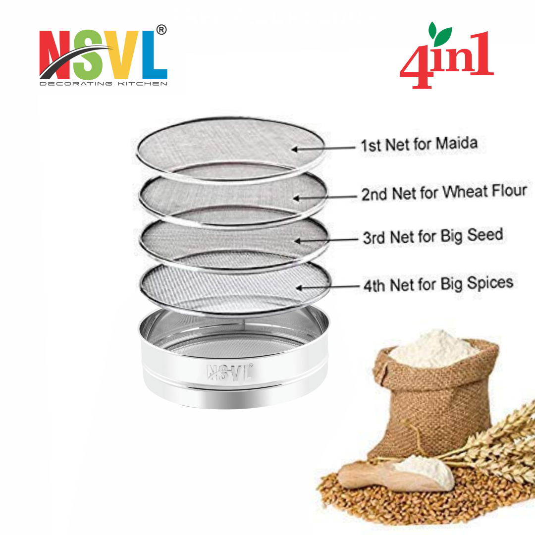 Nsvl Stainless Steel 4 in 1 Interchangeable Sieve/Chalni 1 Unit | Set of 5 | Silver | Gehu/Flour/Atta/Maida Chalni/Spices/Food Strainers