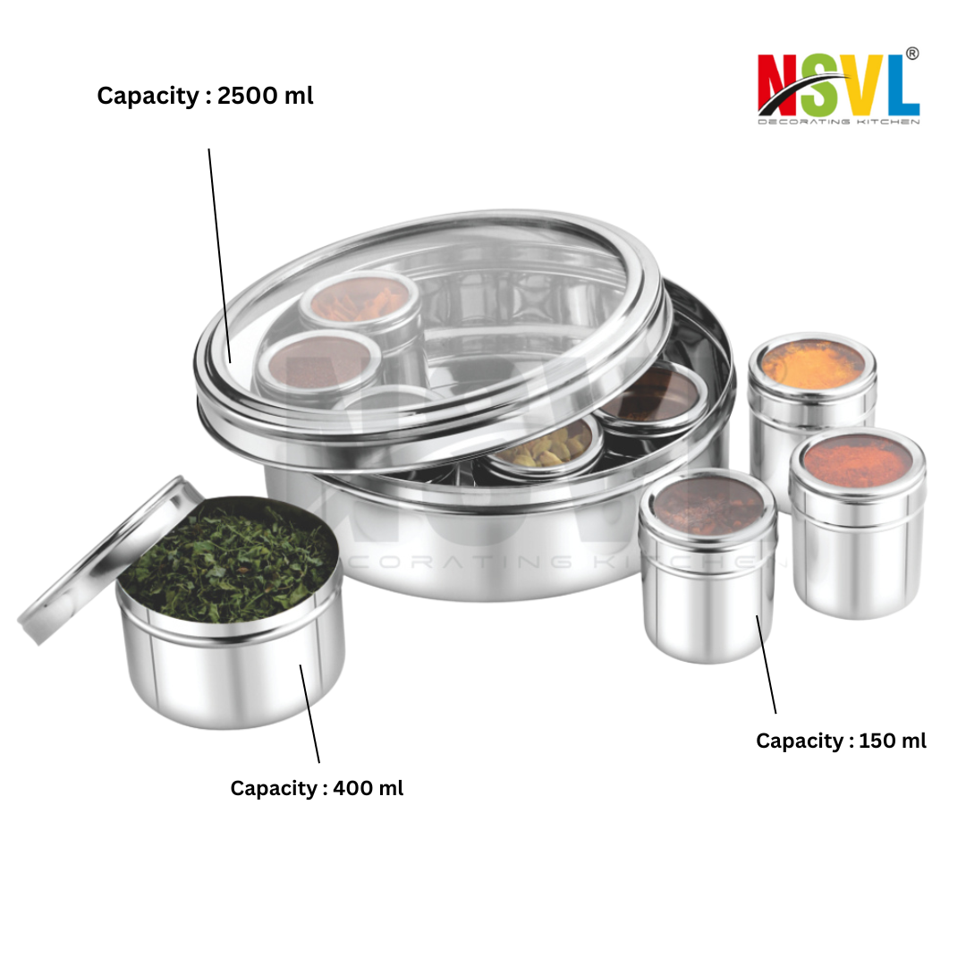 NSVL 9 In 1 Stainless Steel Masala Box For Kitchen | Spice Box | Masala Container | Masala Dani With Individual See Through Lid 2.5 Ltr