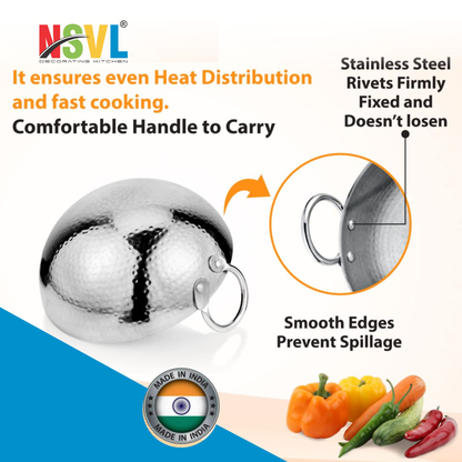 NSVL Stainless Steel Hammered Tasla/Heavy Bottom Cookware/Kadhai/Kadai for Kitchen/Utensils for Cooking, Deep Frying