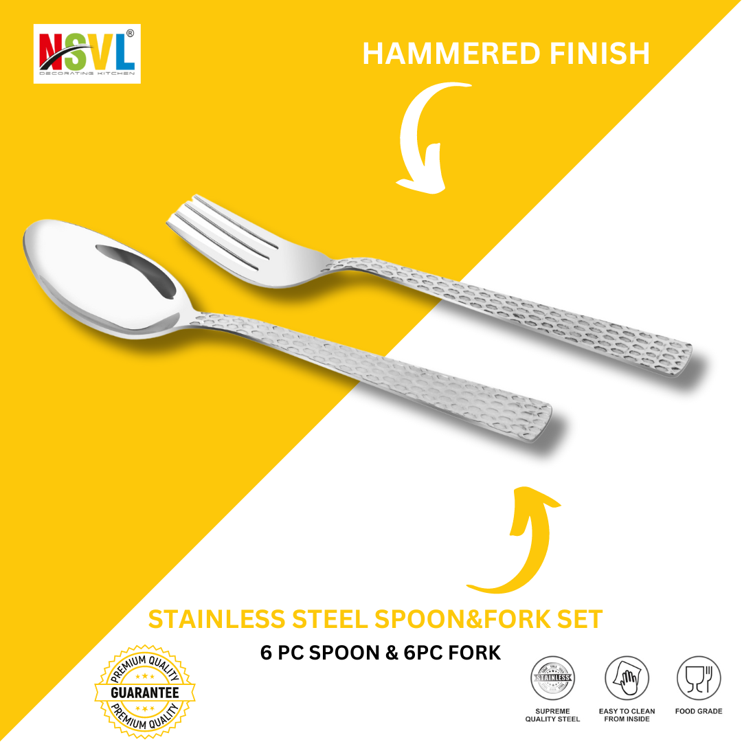 NSVL Hammered Design Stainless Steel Heavy Gauge Spoon and Fork Set of 12 Pc Table Spoon 6 Pc /Table Fork 6 Pc