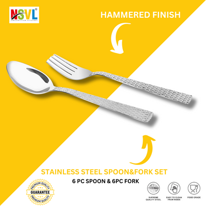 NSVL Hammered Design Stainless Steel Heavy Gauge Spoon and Fork Set of 12 Pc Table Spoon 6 Pc /Table Fork 6 Pc