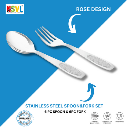 NSVL Rose Design Stainless Steel Heavy Gauge Spoon and Fork Set of 12 Pc Table Spoon 6 Pc /Table Fork 6 Pc