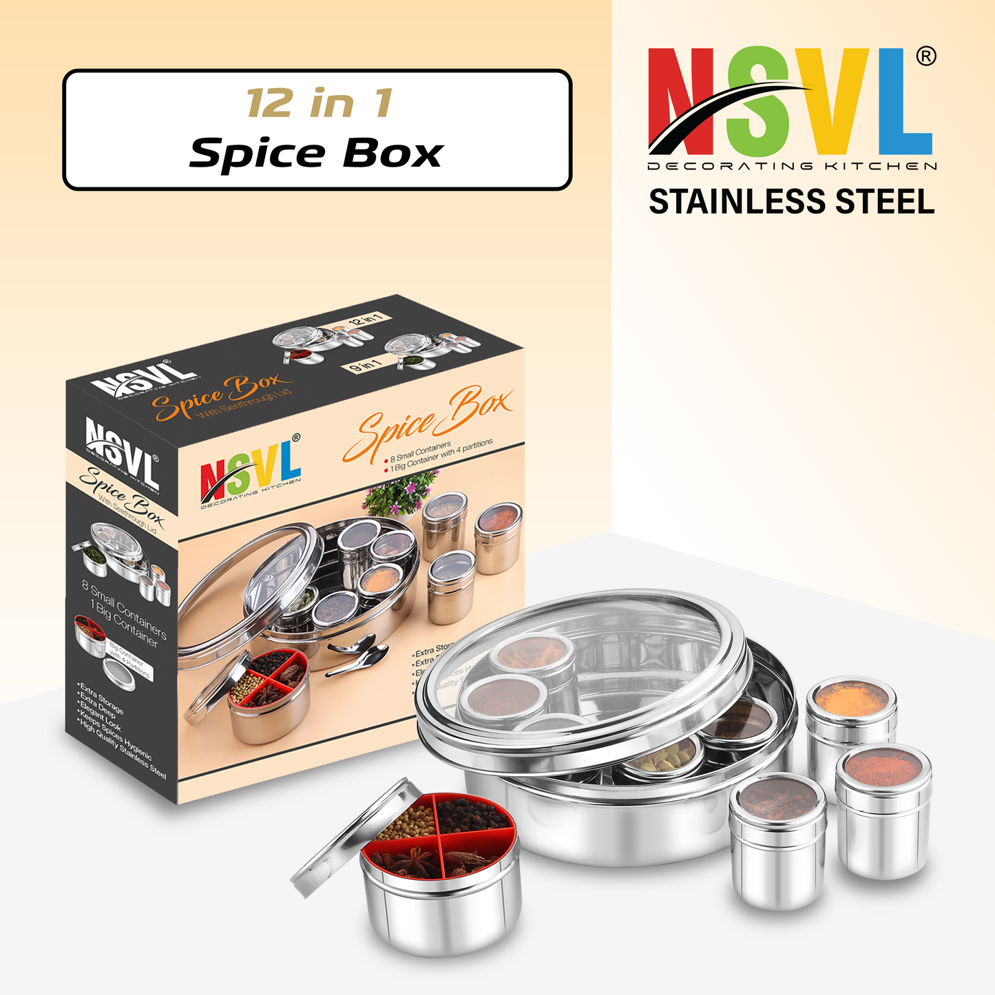 Nsvl Stainless Steel 12 IN 1 Masala Box for Kitchen | Masala Container | Spice Box for Kitchen | Masala Dabba/Masala Spice Box with See through lid 4 Spoons | Silver (2.5 Ltr / 22.5cm)