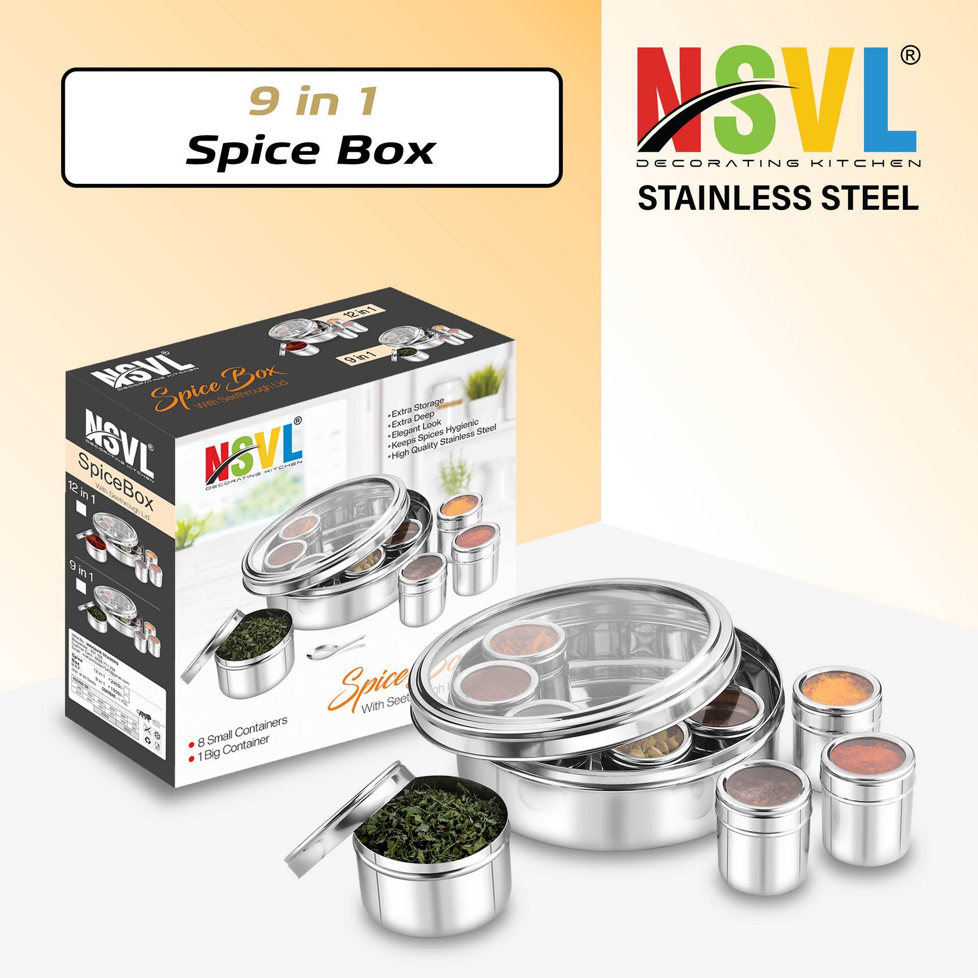 NSVL 9 In 1 Stainless Steel Masala Box For Kitchen | Spice Box
