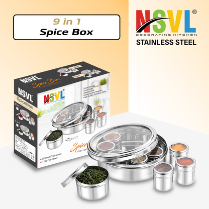 NSVL 9 In 1 Stainless Steel Masala Box For Kitchen | Spice Box | Masala Container | Masala Dani With Individual See Through Lid 2.5 Ltr